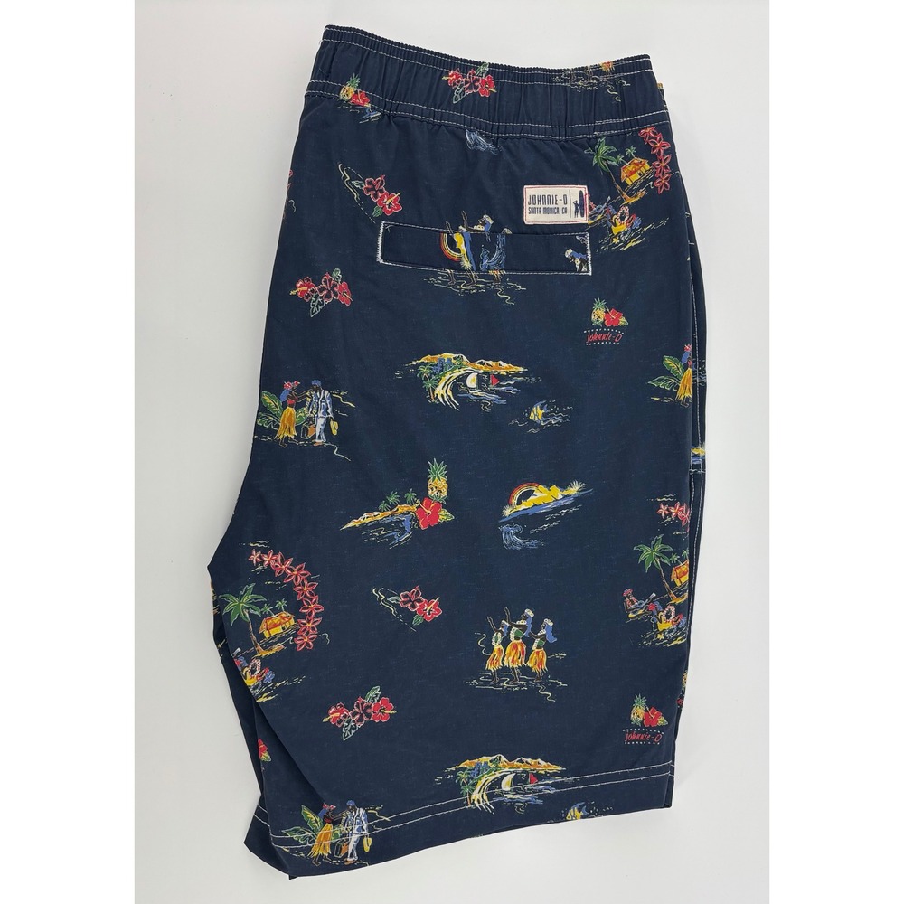 Johnnie-O Swim Trunks Men's Medium Navy Blue Hawaiian Hula Surf Print